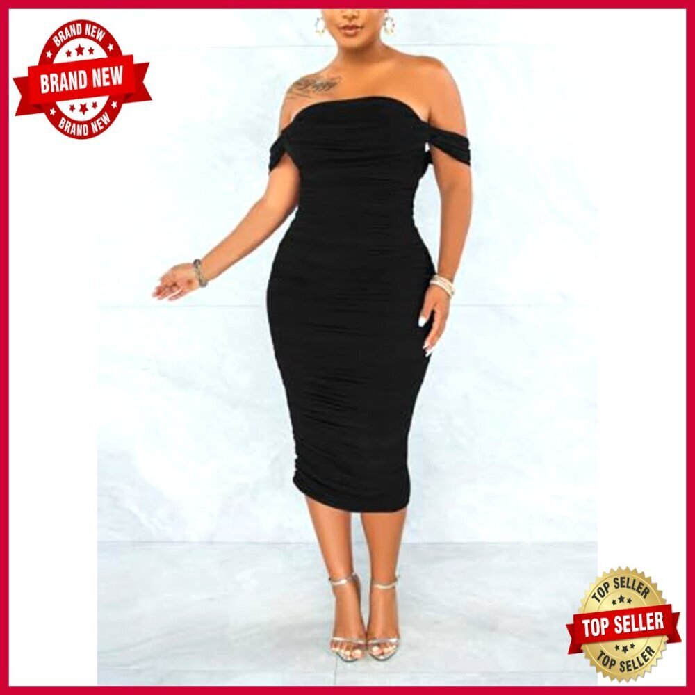 Off Shoulder Bodycon Ruched Midi Dress Elegant Cocktail Evening Party Wear - Picture 3 of 7